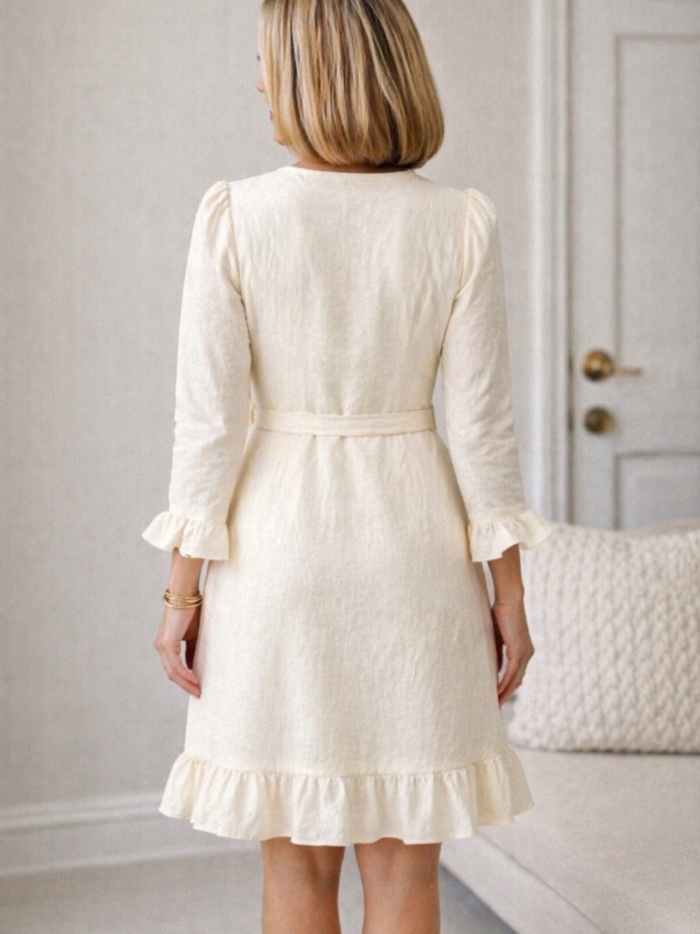 Cream Ruffle Lace Tie Waist Dress Boho Cottagecore Dress M - Picture 3 of 4